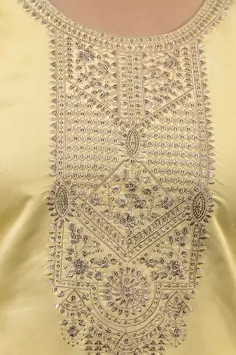 Silk blend light yellow casual wear embroidery work kurta set