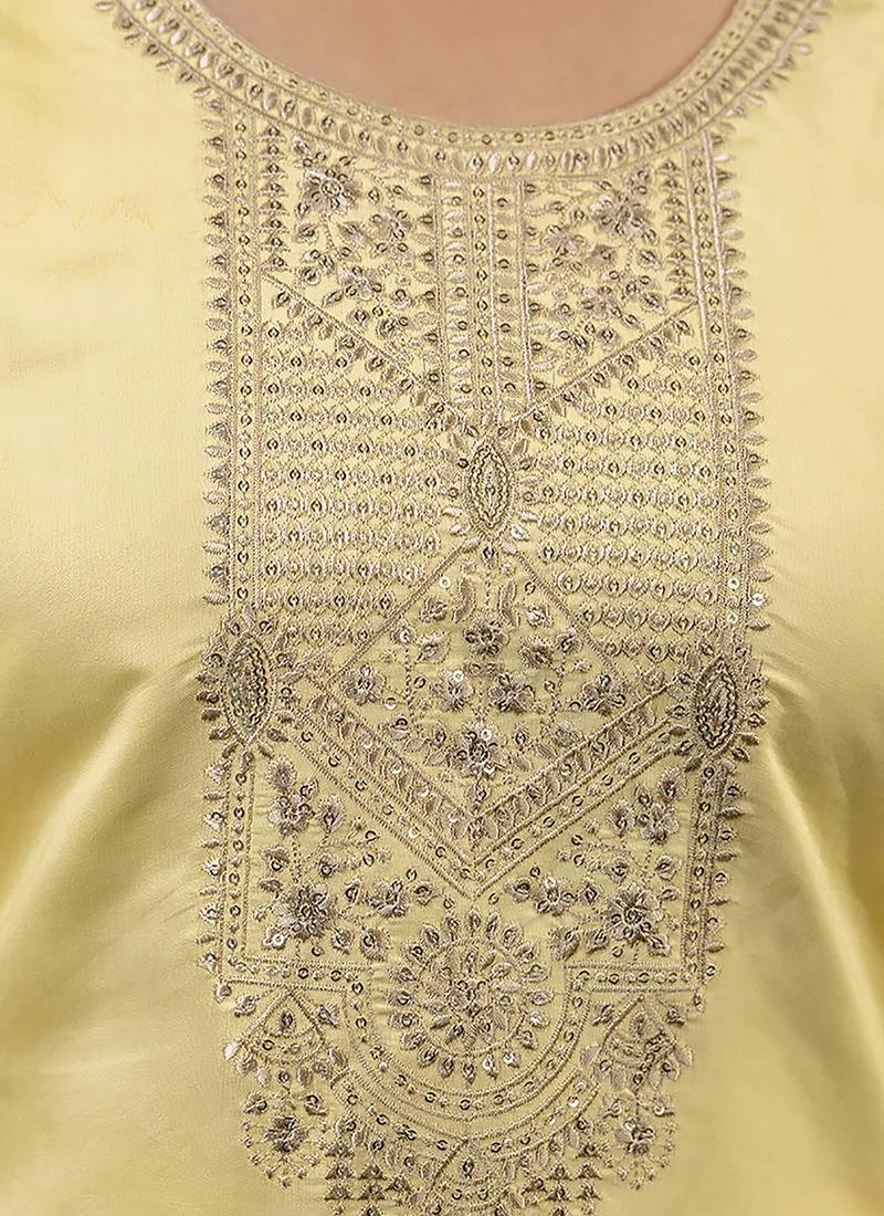 Silk blend light yellow casual wear embroidery work kurta set