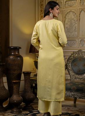 Silk blend light yellow casual wear embroidery work kurta set 4