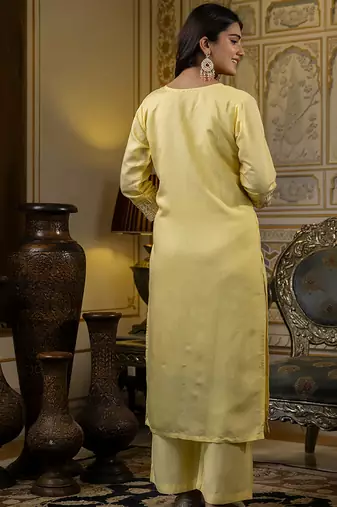 Silk blend light yellow casual wear embroidery work kurta set
