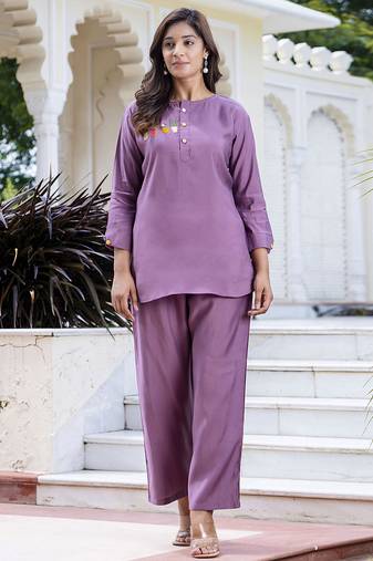 Silk blend lavender casual wear hand work kurta set