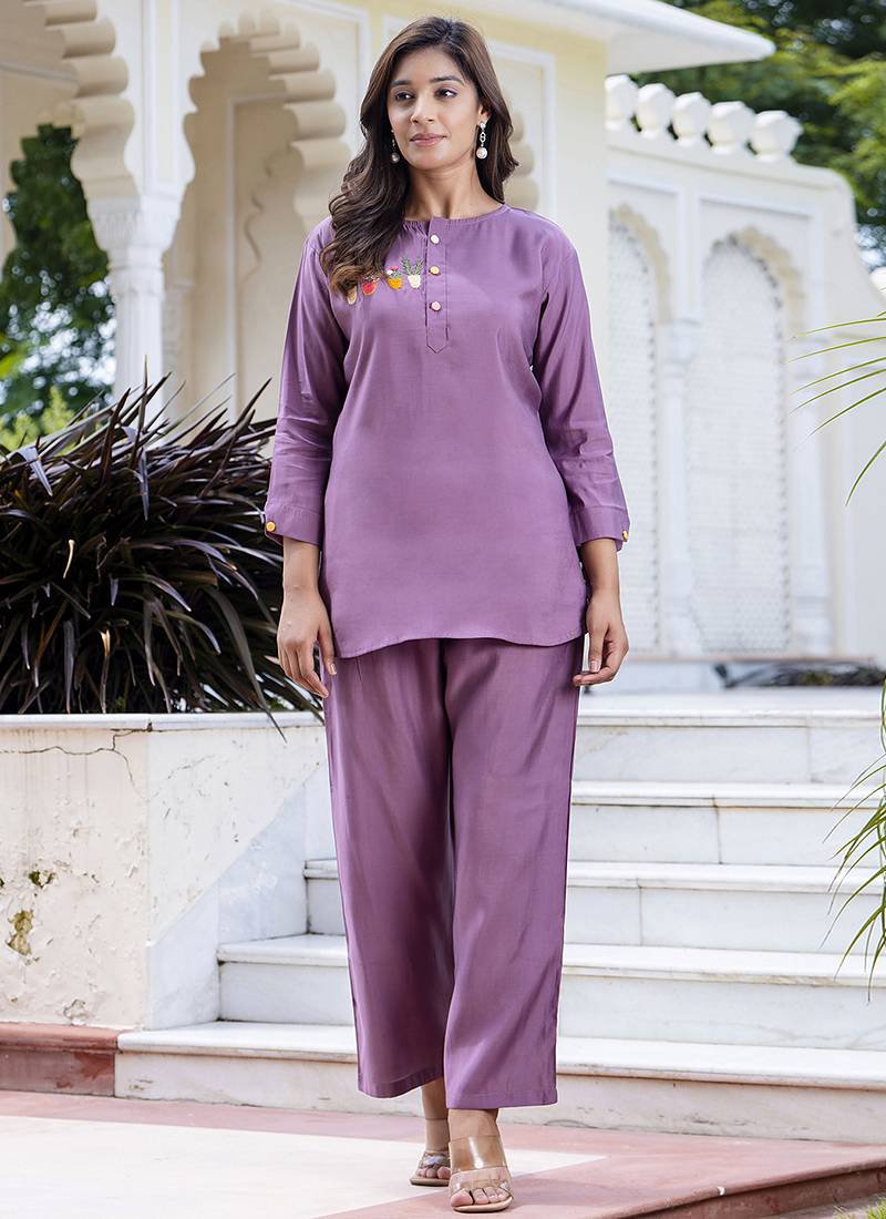Silk blend lavender casual wear hand work kurta set