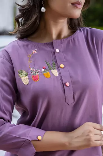 Silk blend lavender casual wear hand work kurta set