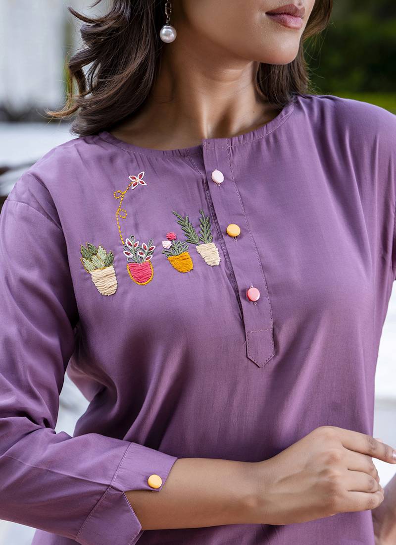 Silk blend lavender casual wear hand work kurta set