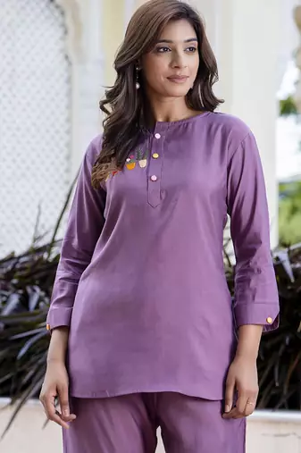 Silk blend lavender casual wear hand work kurta set