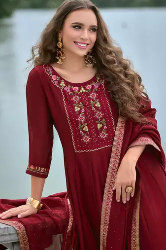 Vichitra silk red party wear embroidery work kurta set