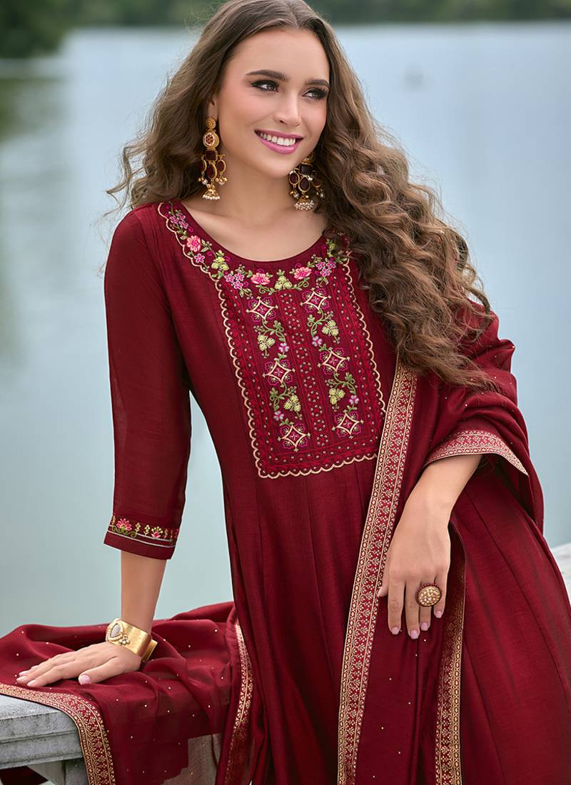 Vichitra silk red party wear embroidery work kurta set