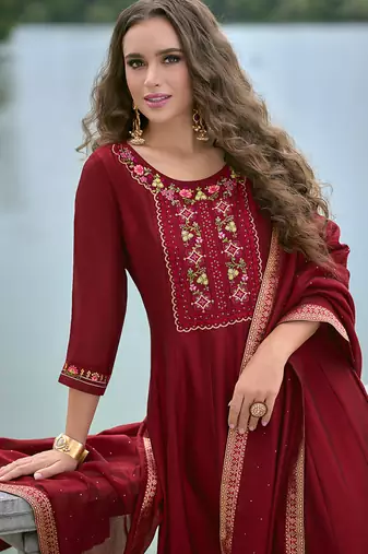 Vichitra silk red party wear embroidery work kurta set