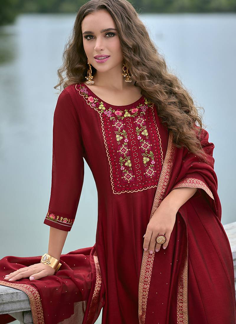 Vichitra silk red party wear embroidery work kurta set