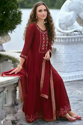 Vichitra silk red party wear embroidery work kurta set
