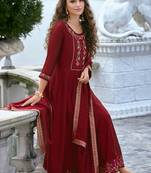 Vichitra silk red party wear embroidery work kurta set