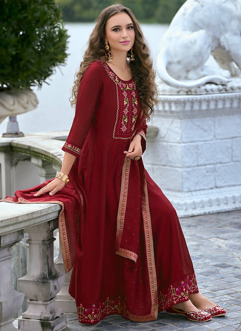 Vichitra silk red party wear embroidery work kurta set