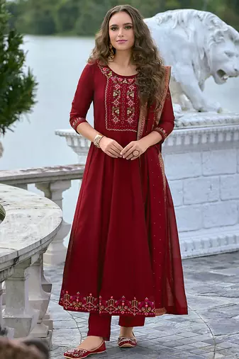 Vichitra silk red party wear embroidery work kurta set