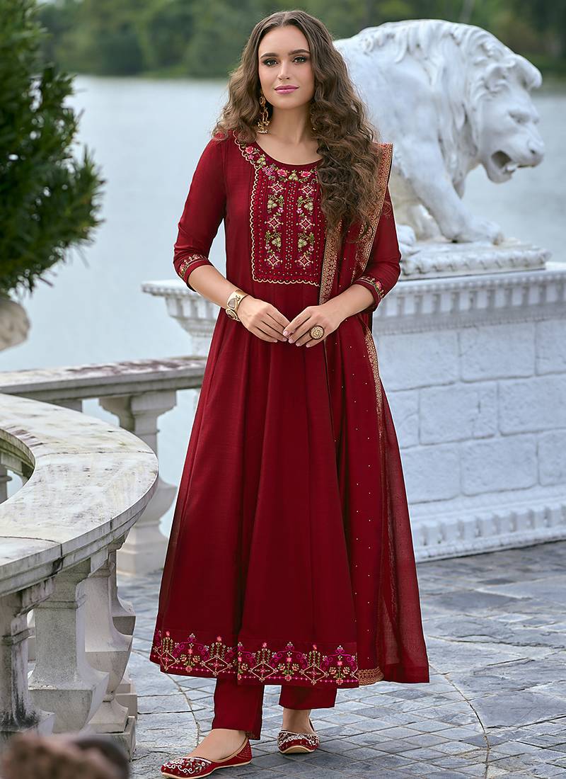 Vichitra silk red party wear embroidery work kurta set
