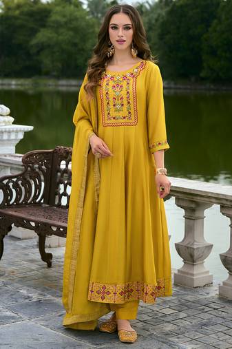 Vichitra silk mustard party wear embroidery work kurta set
