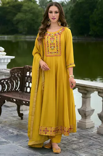 Vichitra silk mustard party wear embroidery work kurta set