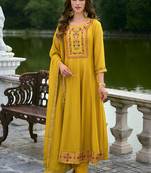 Vichitra silk mustard party wear embroidery work kurta set