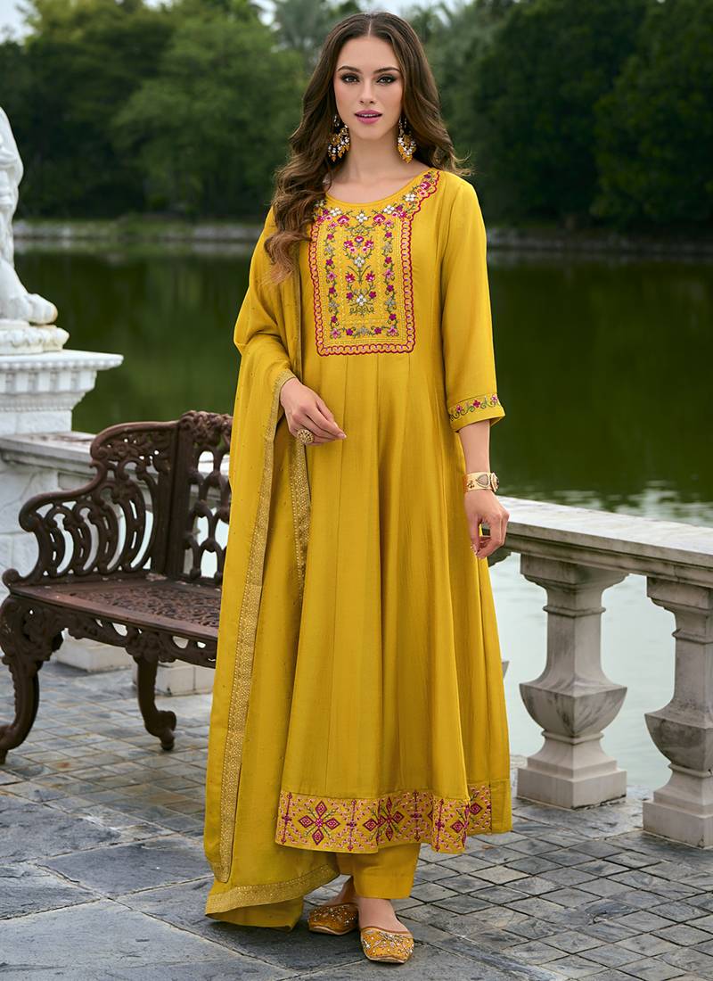 Vichitra silk mustard party wear embroidery work kurta set