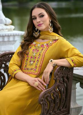 Vichitra silk mustard party wear embroidery work kurta set 2