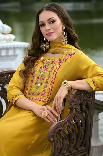 Vichitra silk mustard party wear embroidery work kurta set