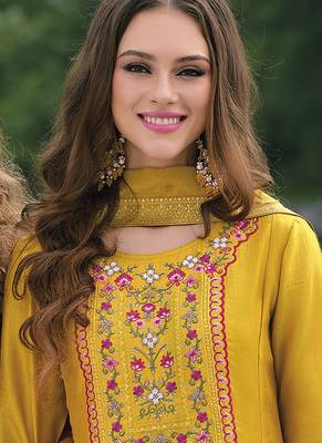 Vichitra silk mustard party wear embroidery work kurta set 3