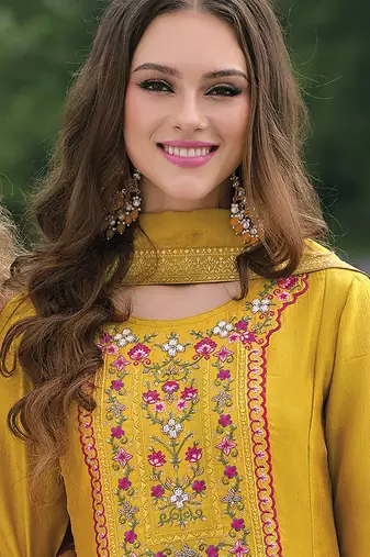 Vichitra silk mustard party wear embroidery work kurta set
