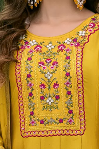 Vichitra silk mustard party wear embroidery work kurta set
