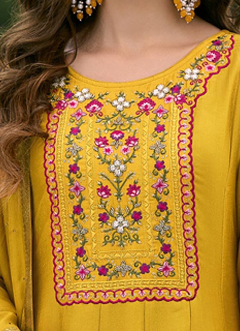 Vichitra silk mustard party wear embroidery work kurta set