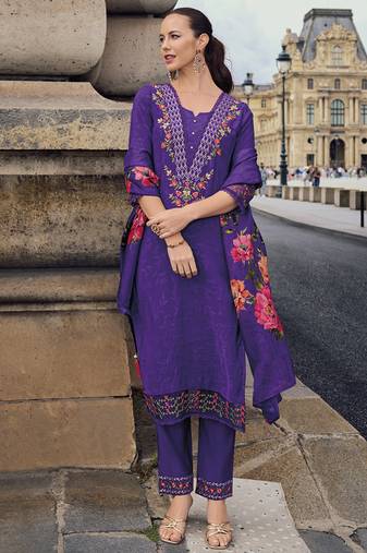 Viscose silk purple ocassional wear embroidery work kurta set
