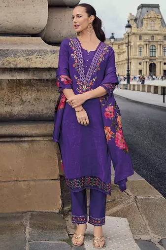 Viscose silk purple ocassional wear embroidery work kurta set