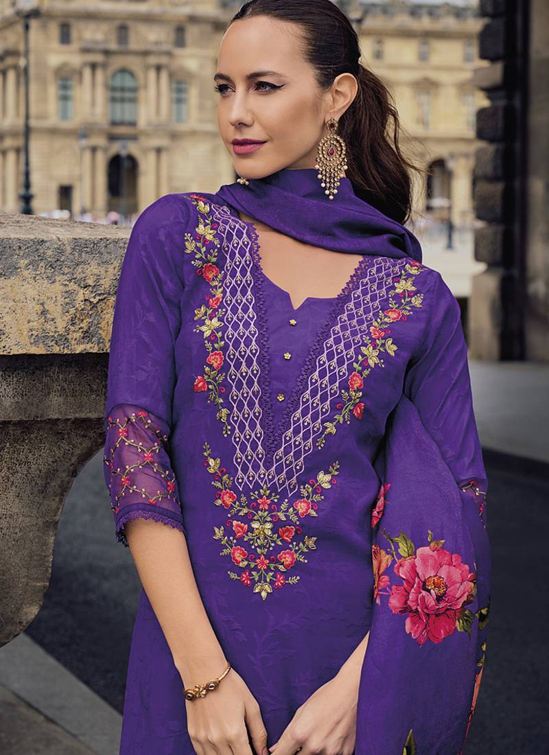 Viscose silk purple ocassional wear embroidery work kurta set