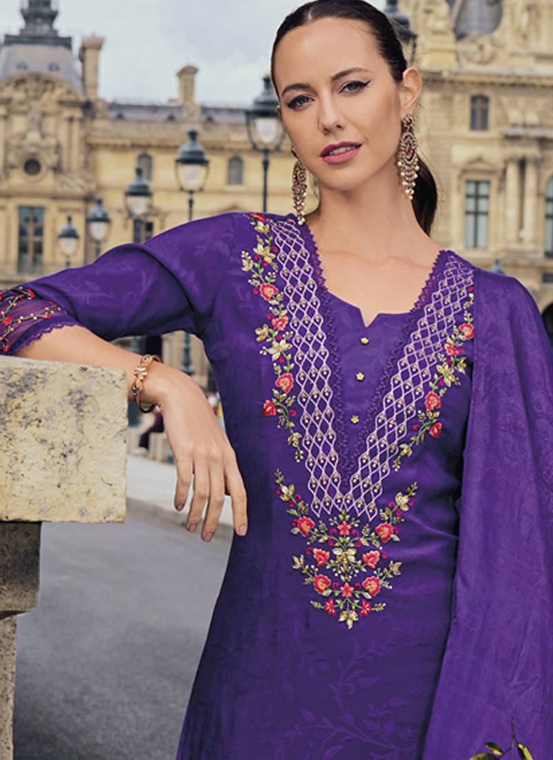 Viscose silk purple ocassional wear embroidery work kurta set