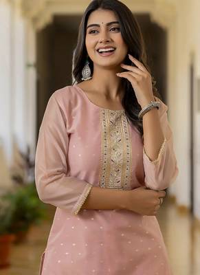 Shimmer silk baby pink casual wear embroidery work readymade kurti 2