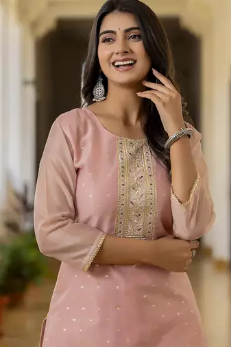 Shimmer silk baby pink casual wear embroidery work readymade kurti