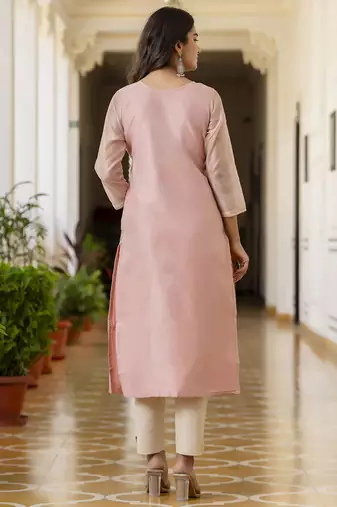Shimmer silk baby pink casual wear embroidery work readymade kurti