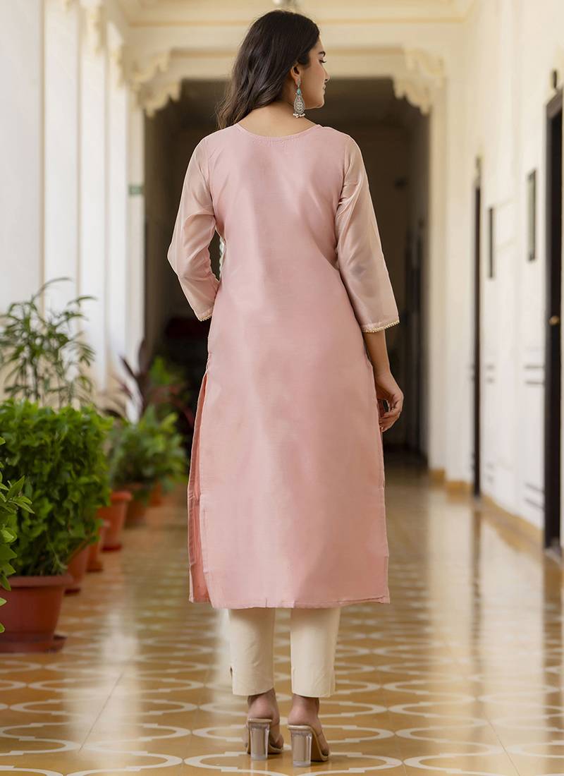 Shimmer silk baby pink casual wear embroidery work readymade kurti