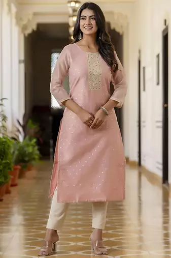 Shimmer silk baby pink casual wear embroidery work readymade kurti