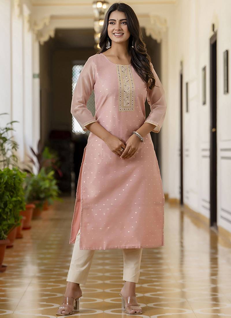 Shimmer silk baby pink casual wear embroidery work readymade kurti