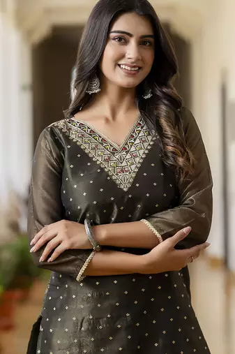 Shimmer silk black casual wear embroidery work readymade kurti