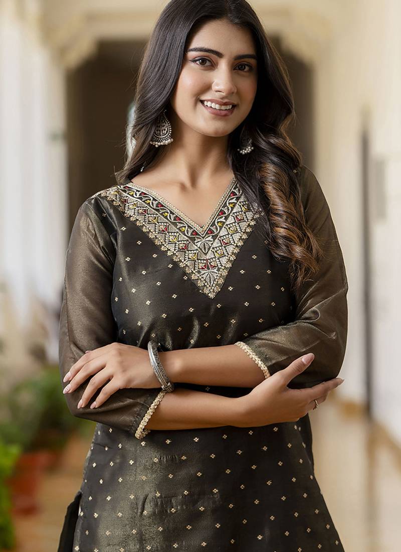 Shimmer silk black casual wear embroidery work readymade kurti