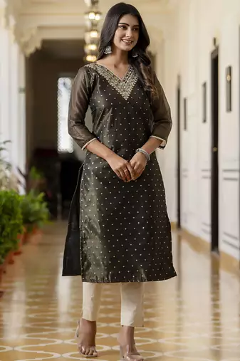 Shimmer silk black casual wear embroidery work readymade kurti