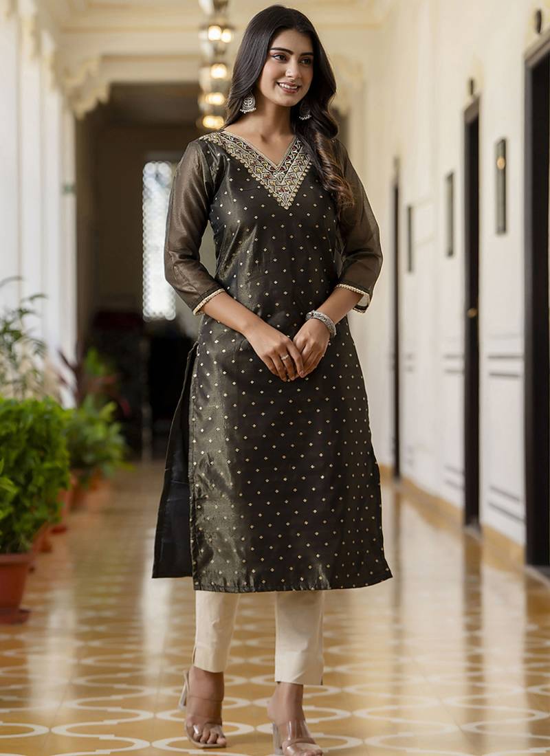 Shimmer silk black casual wear embroidery work readymade kurti