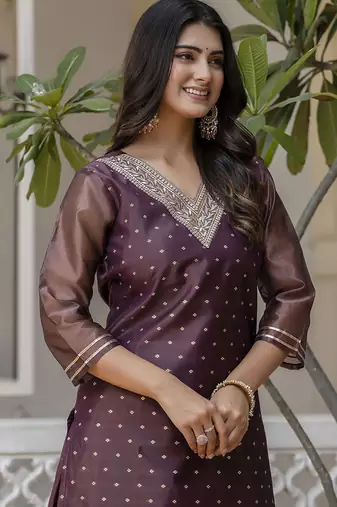 Shimmer silk purple casual wear embroidery work readymade kurti