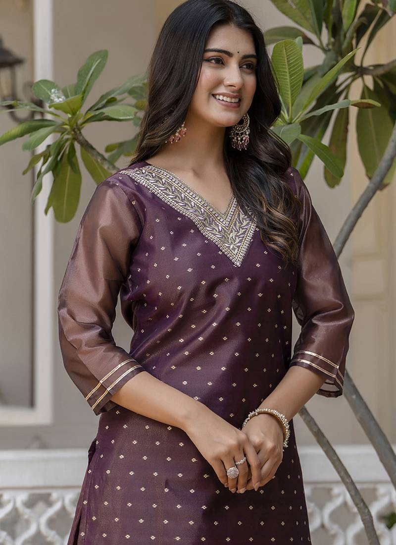 Shimmer silk purple casual wear embroidery work readymade kurti