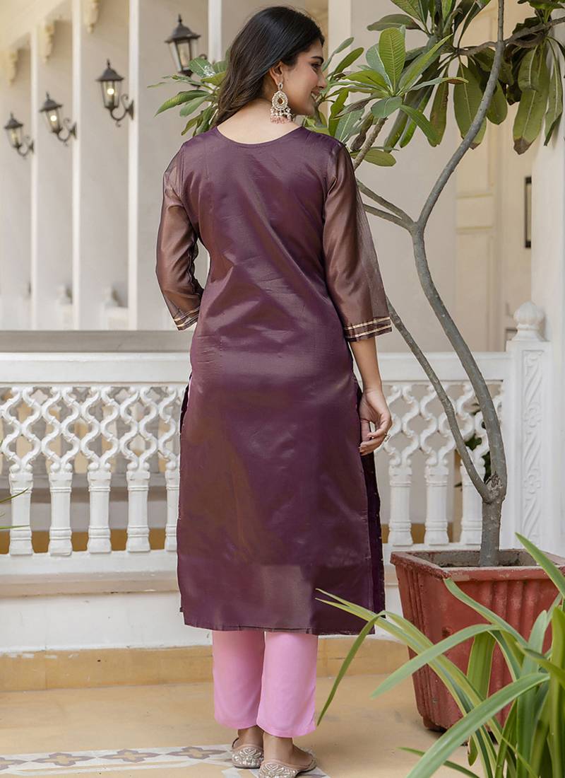Shimmer silk purple casual wear embroidery work readymade kurti