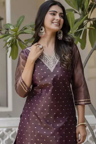 Shimmer silk purple casual wear embroidery work readymade kurti