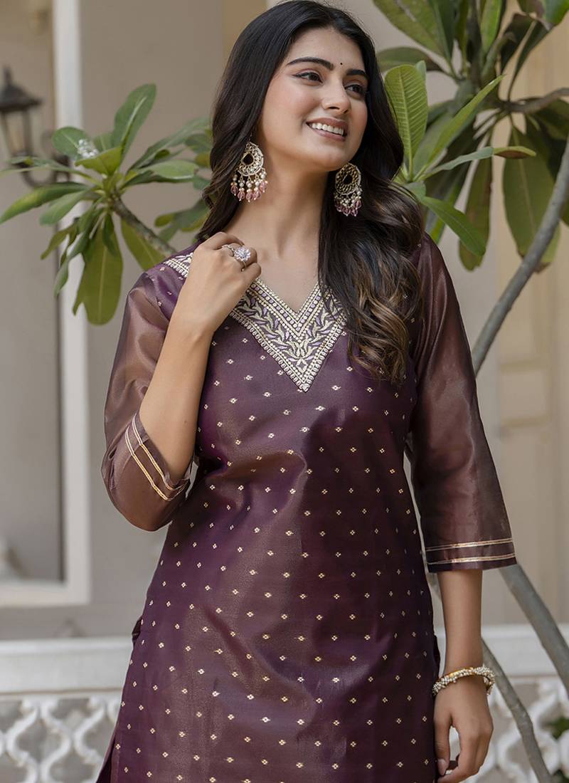 Shimmer silk purple casual wear embroidery work readymade kurti