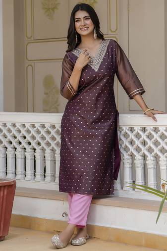 Shimmer silk purple casual wear embroidery work readymade kurti