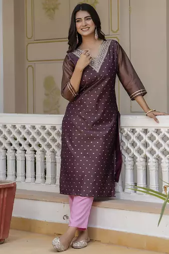 Shimmer silk purple casual wear embroidery work readymade kurti