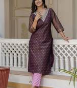 Shimmer silk purple casual wear embroidery work readymade kurti
